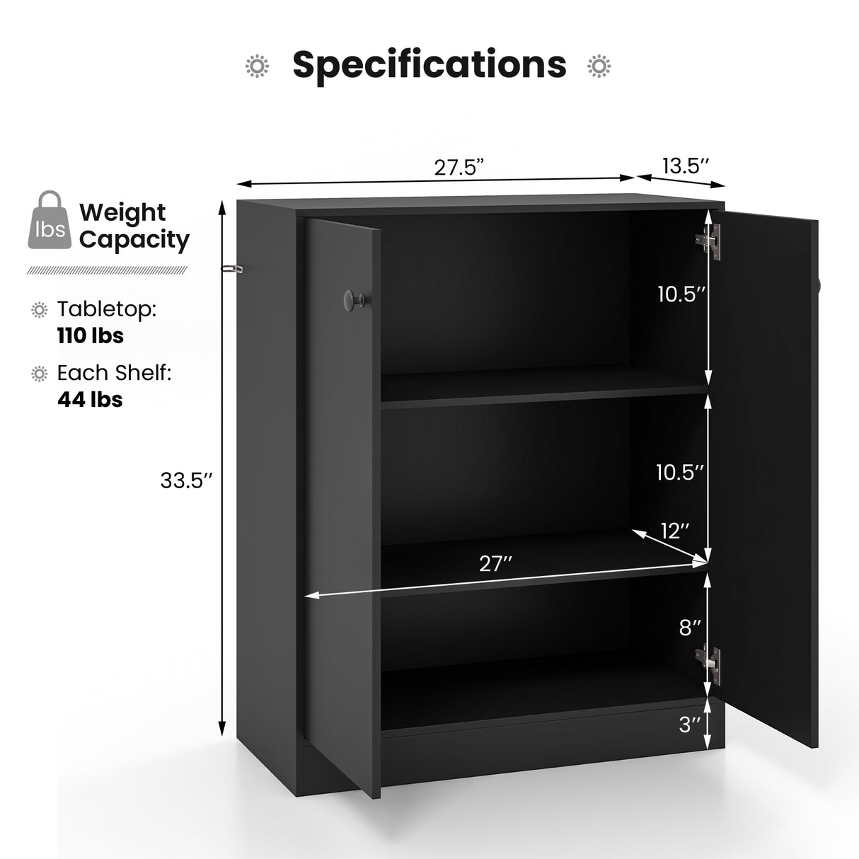 2-Door Modern Floor Storage Cabinet with 3-Tier Shelf