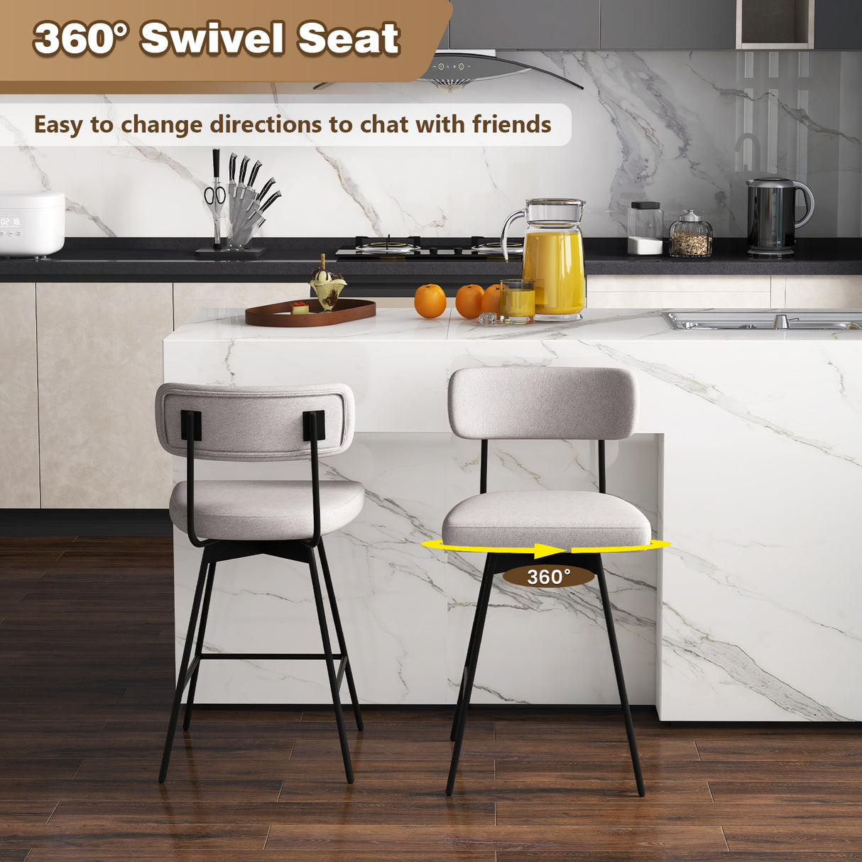 25 Inch 2-Piece Modern Upholstered Bar Stools with Back and Footrests