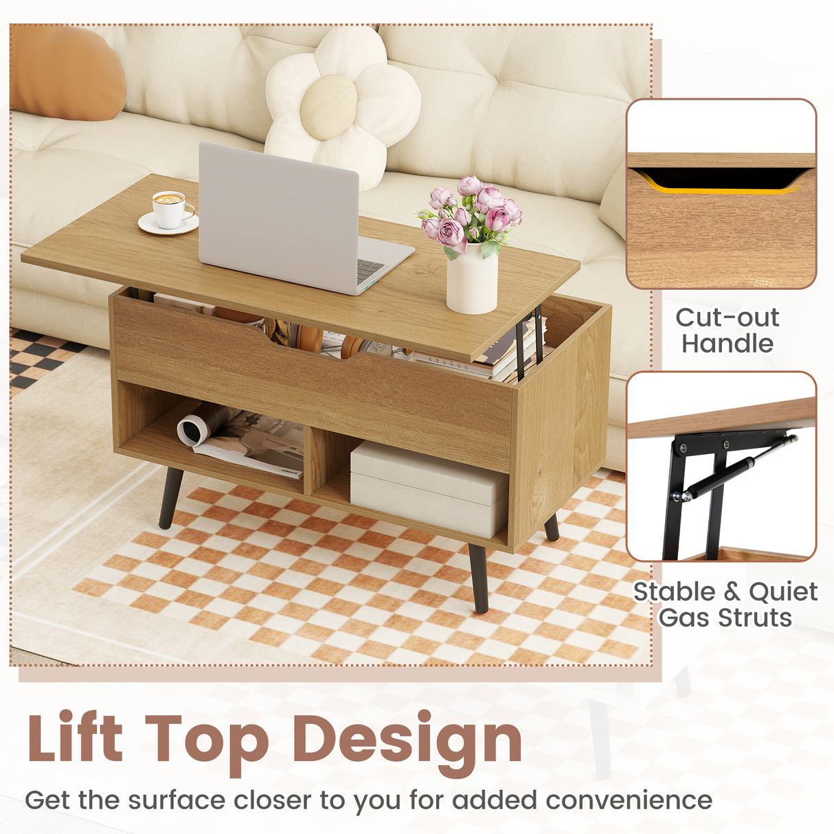 31.5 Inch Lift Top Coffee Table with Hidden Compartment and 2 Storage Shelves