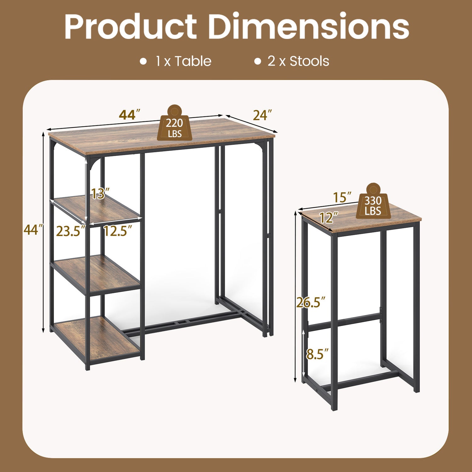 3-Piece Bar Table Set for 2 Bar-Height Dining Table with 2 Stools-Rustic Brown