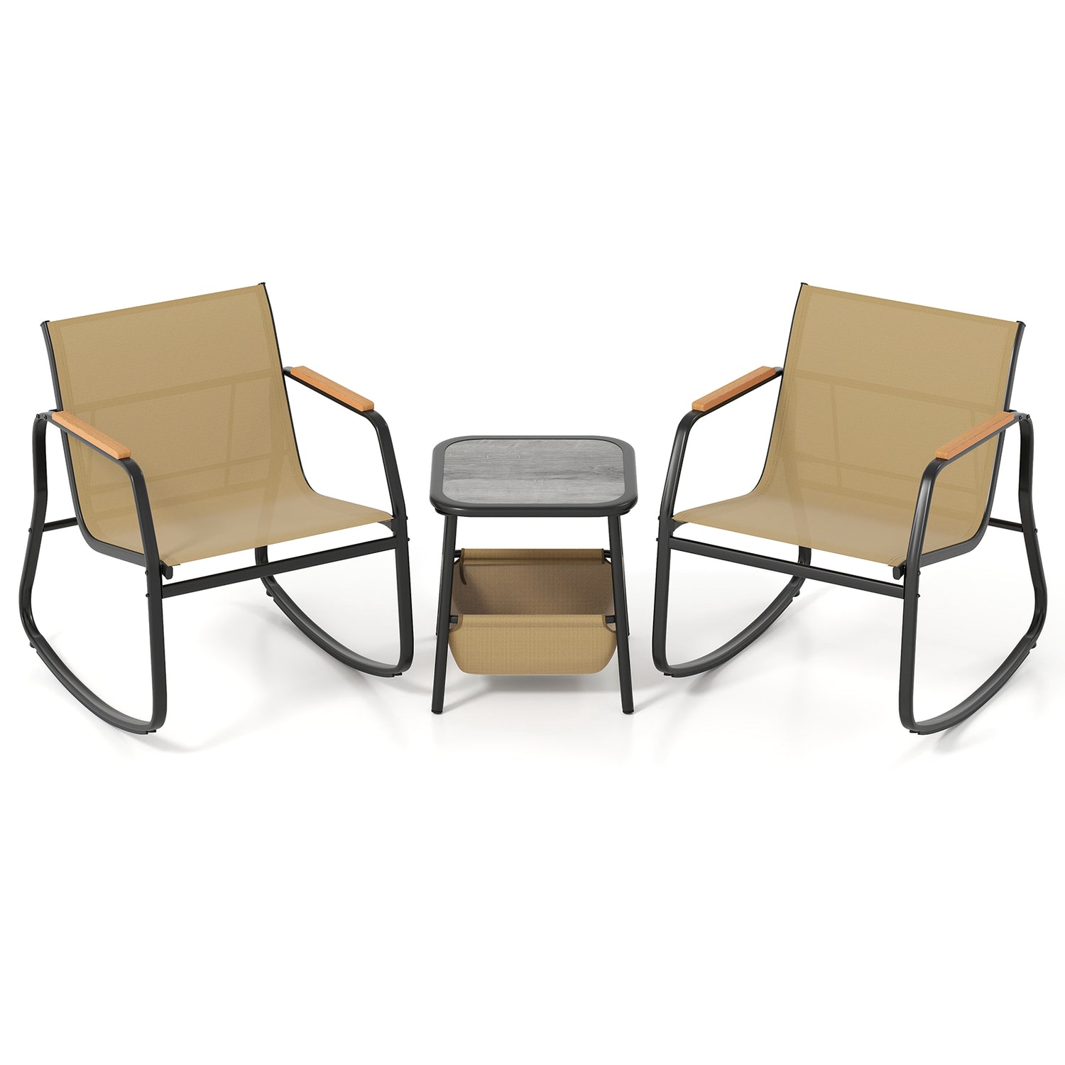 3 Piece Rocking Bistro Chairs and Side Table Set with Storage Bag-Brown