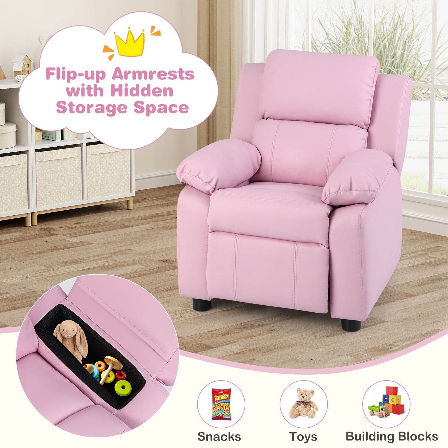 Deluxe Kids Armchair Recliner Headrest Sofa w/ Storage Arms
