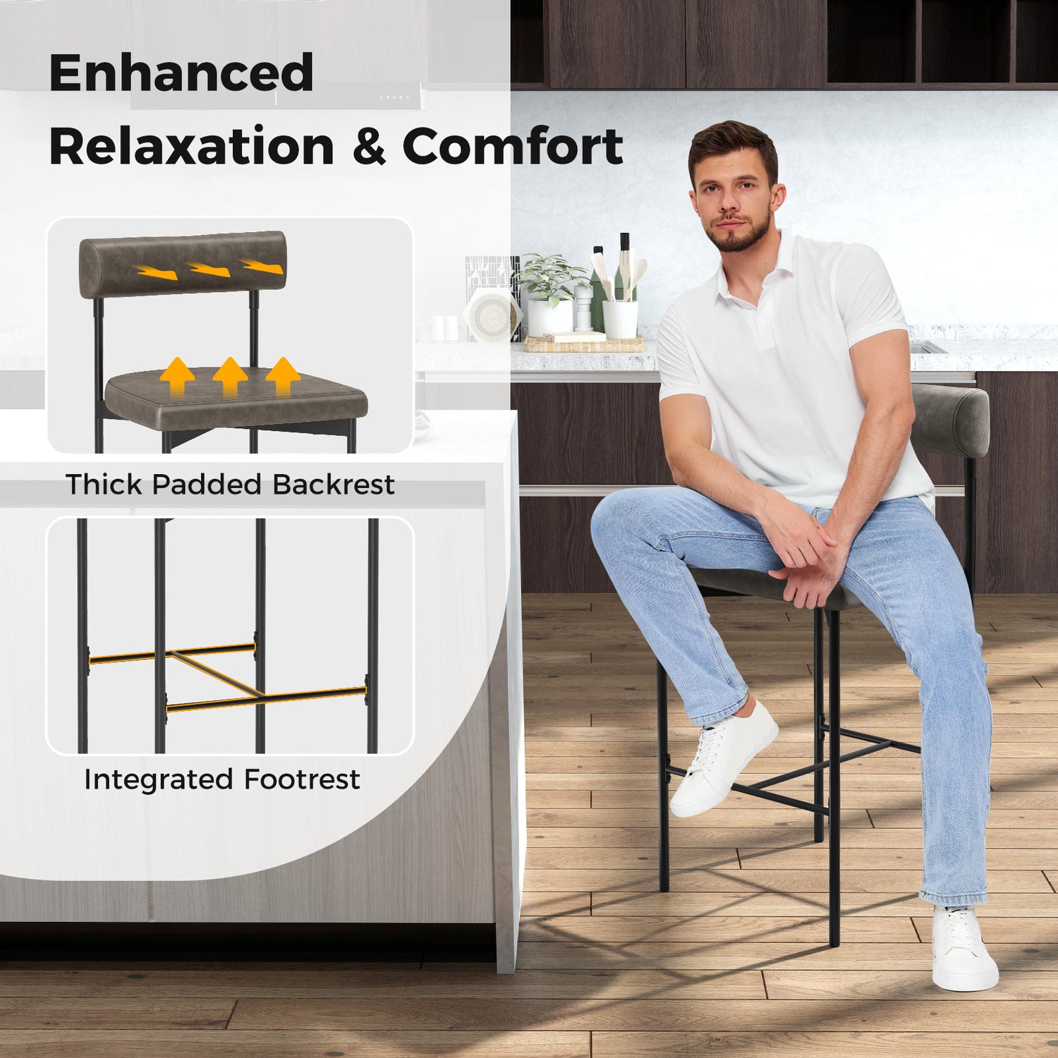 20 Inch Upholstered Bar Stools Set of 2 Counter Height Bar Chairs with Backrest