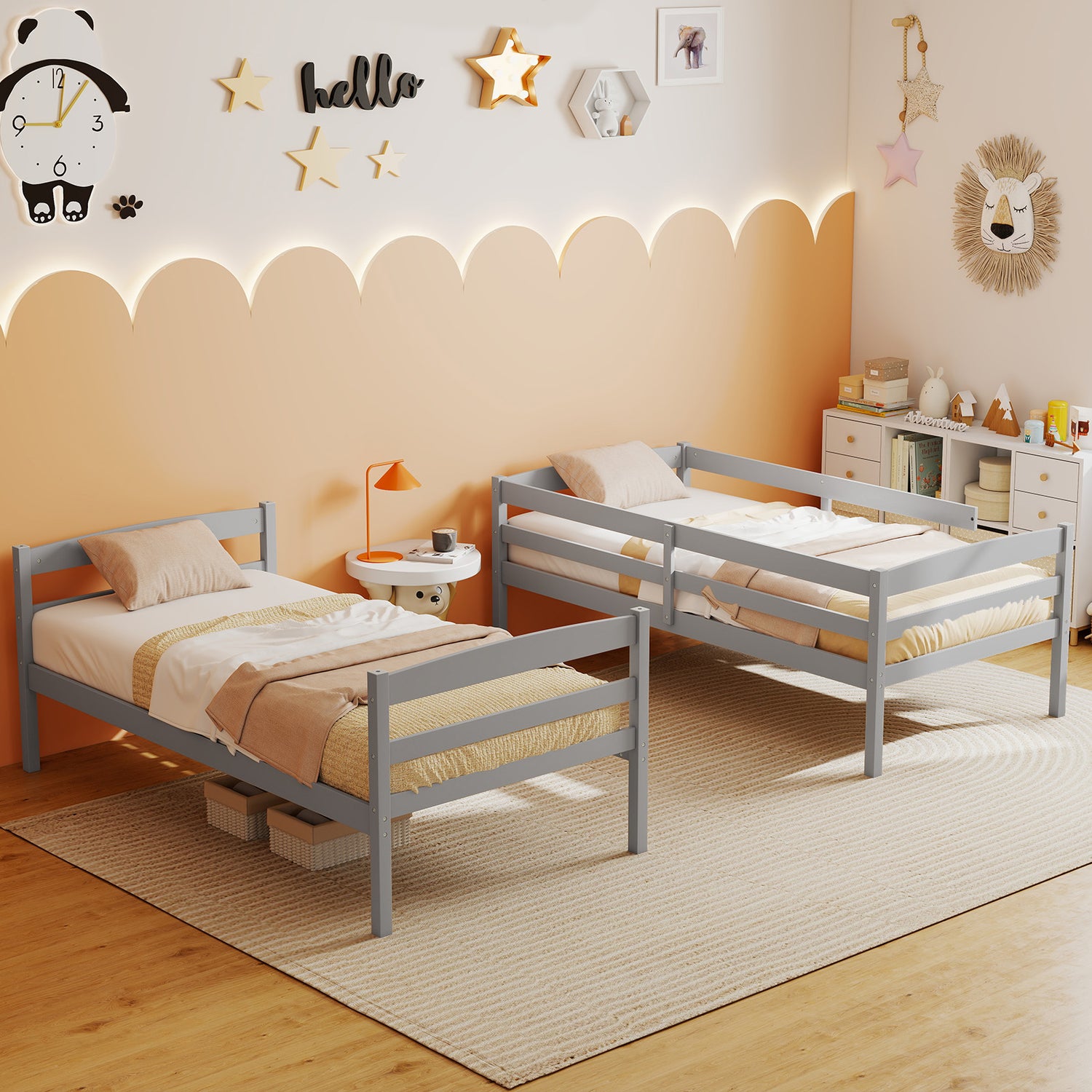 Solid Wood Twin Over Twin Bunk Bed Frame with High Guardrails and Integrated Ladder
