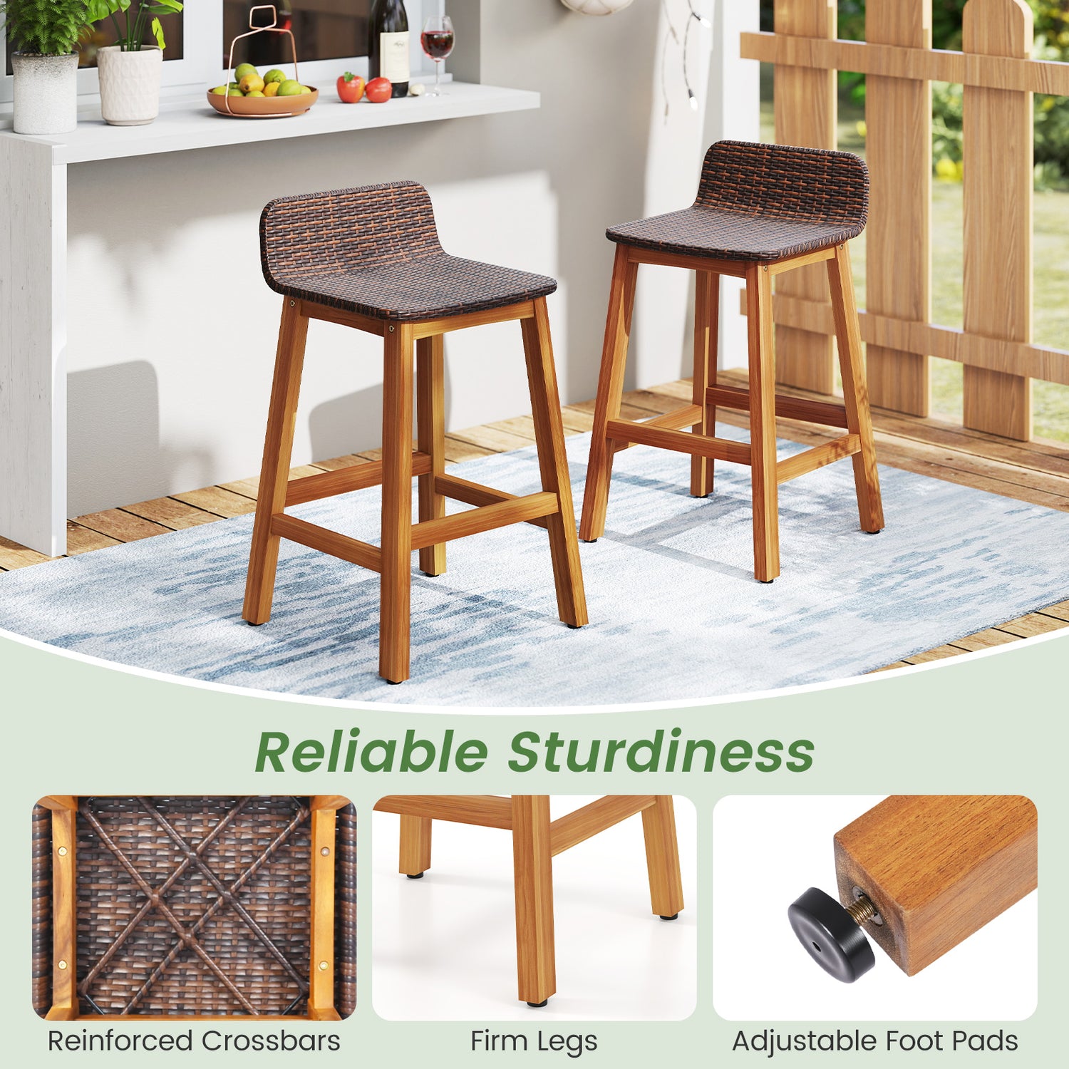 Solid Acacia Wood Bar Stools Set of 2 with Backrests and Footrests for Porch