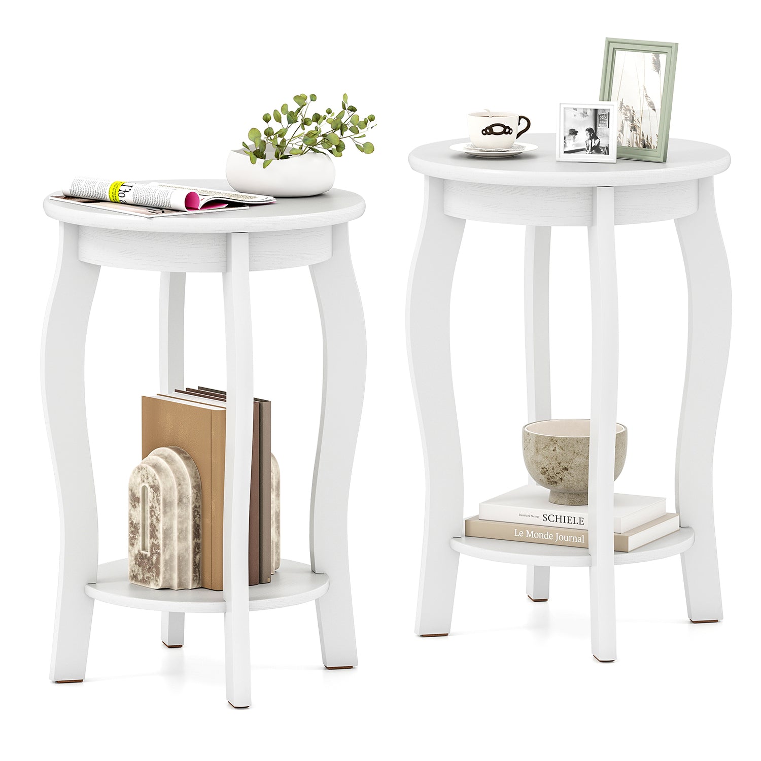 Set of 2 15 Inch 2-Tier Round End Table with Storage Shelf
