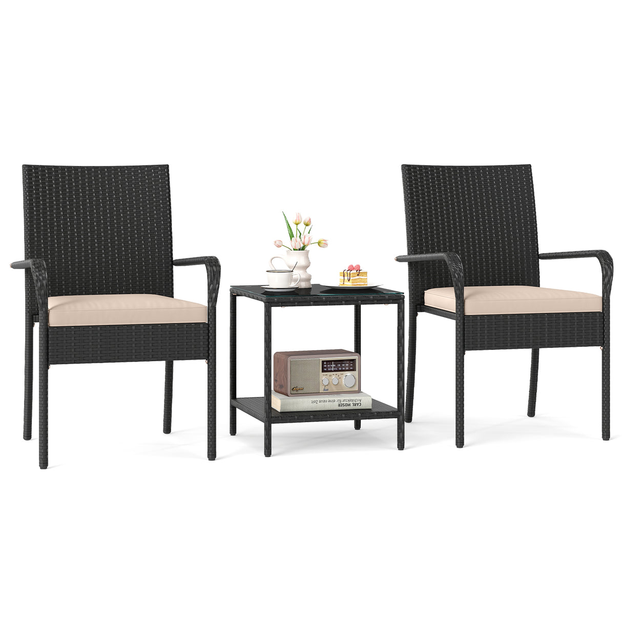 3 Piece Patio Furniture Set with Seat Cushions and Tempered Glass Tabletop
