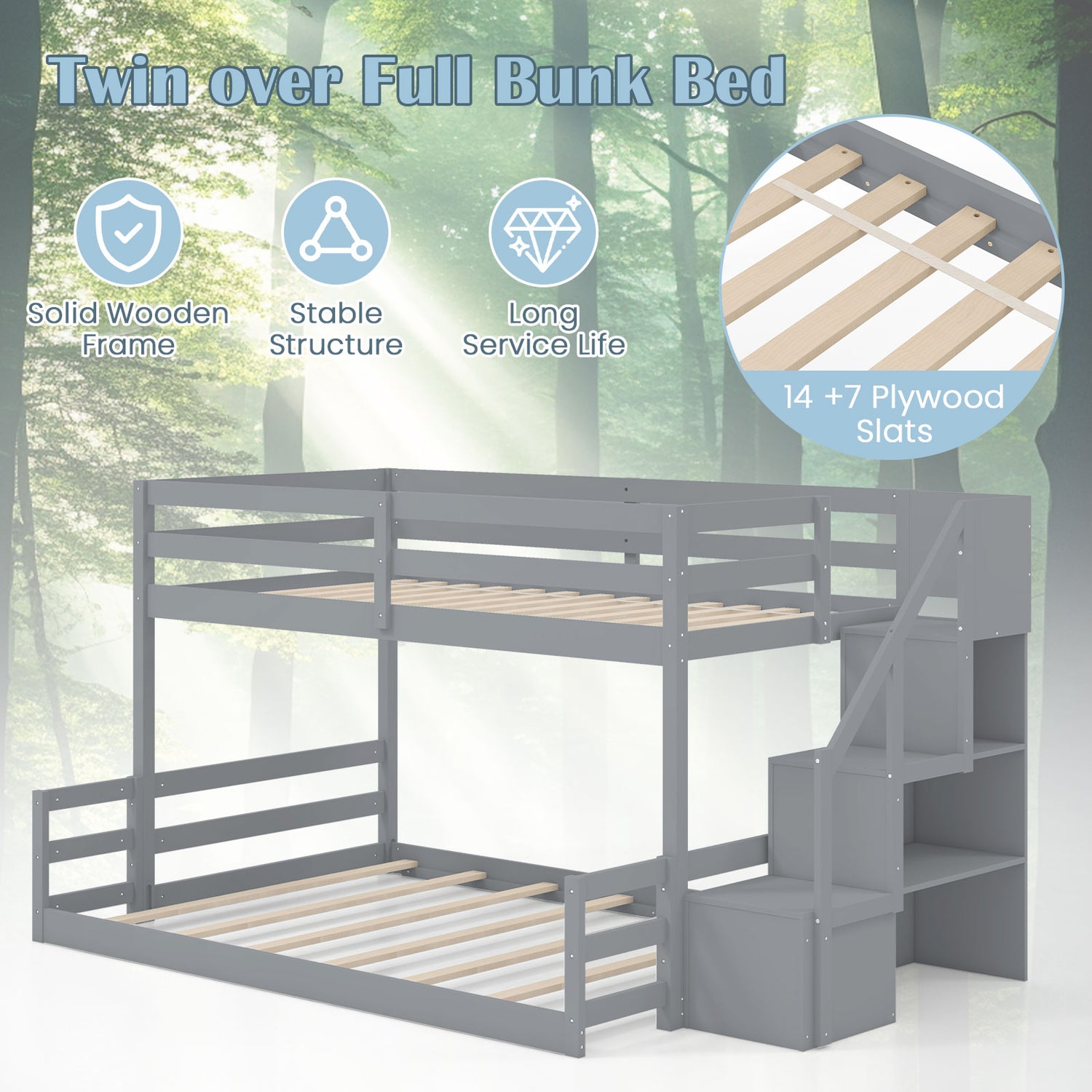 Solid Wood Twin Over Full Low Bunk Bed with Storage Stairs