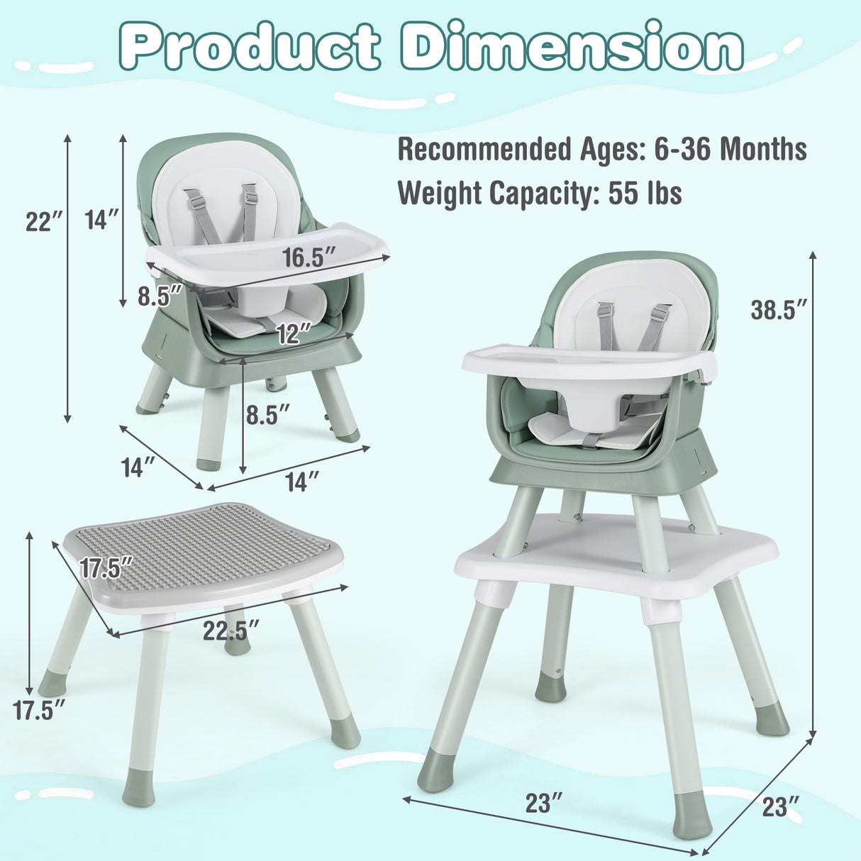 6-in-1 Convertible Baby High Chair with Adjustable Removable Tray