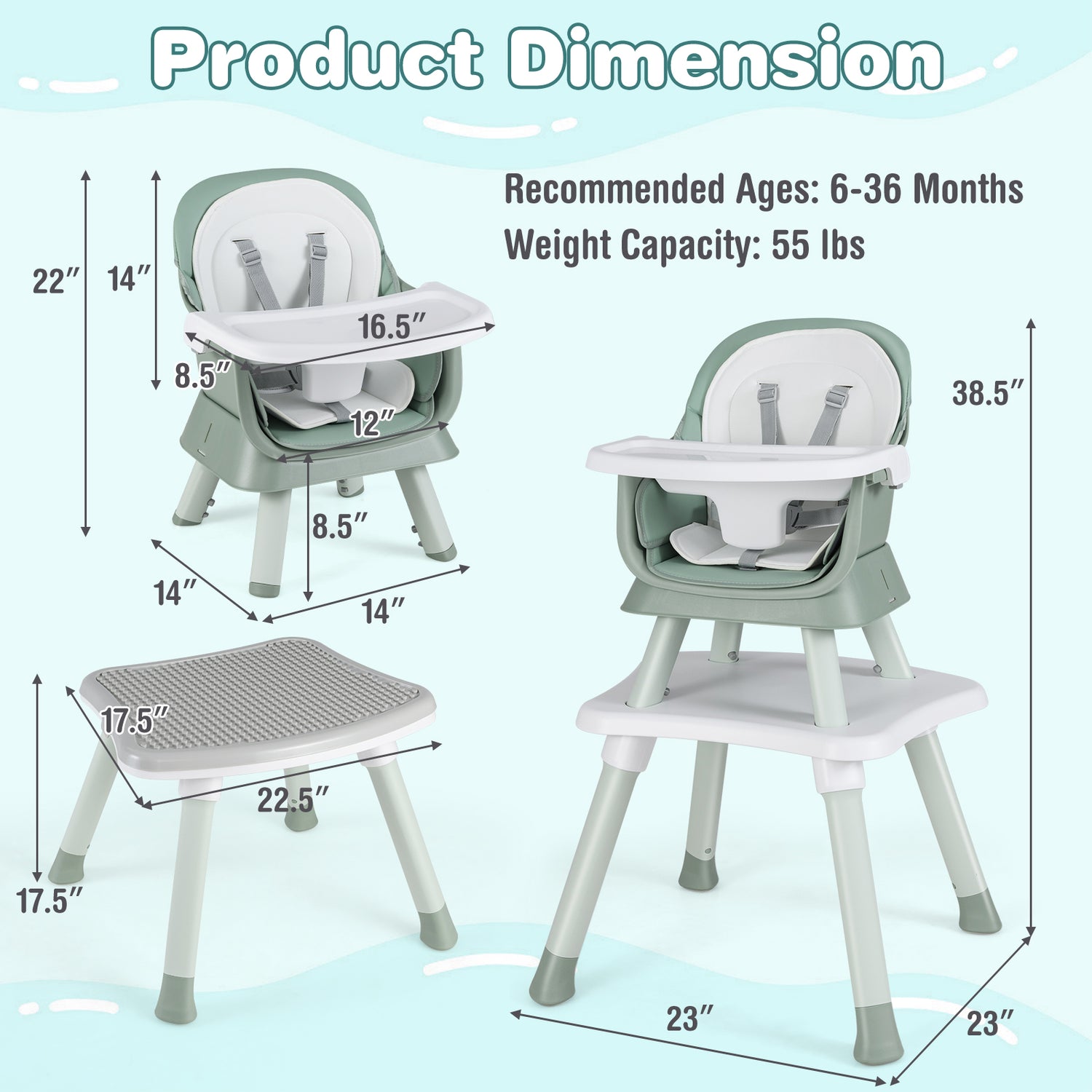 6-in-1 Convertible Baby High Chair with Adjustable Removable Tray