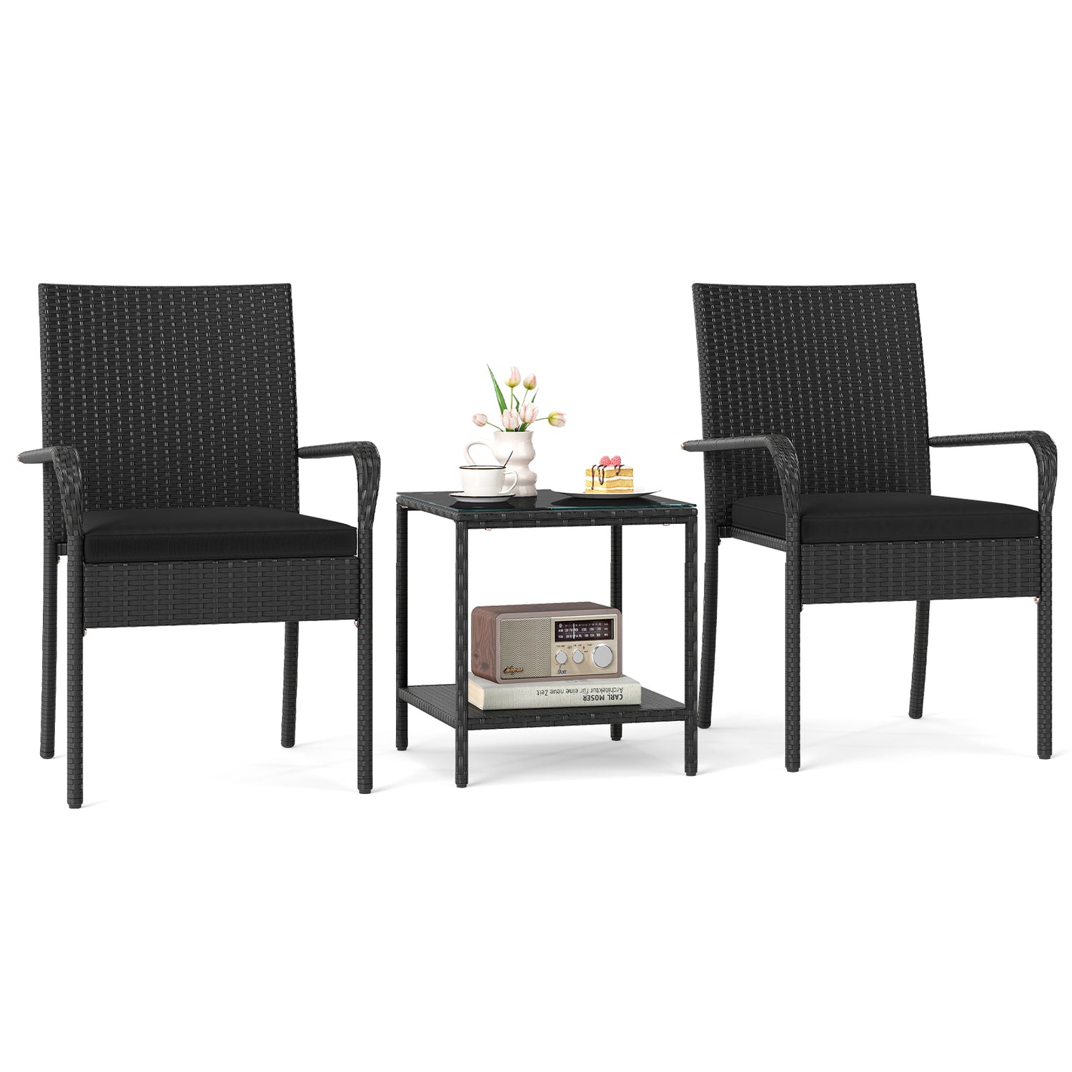 3 Piece Patio Furniture Set with Seat Cushions and Tempered Glass Tabletop