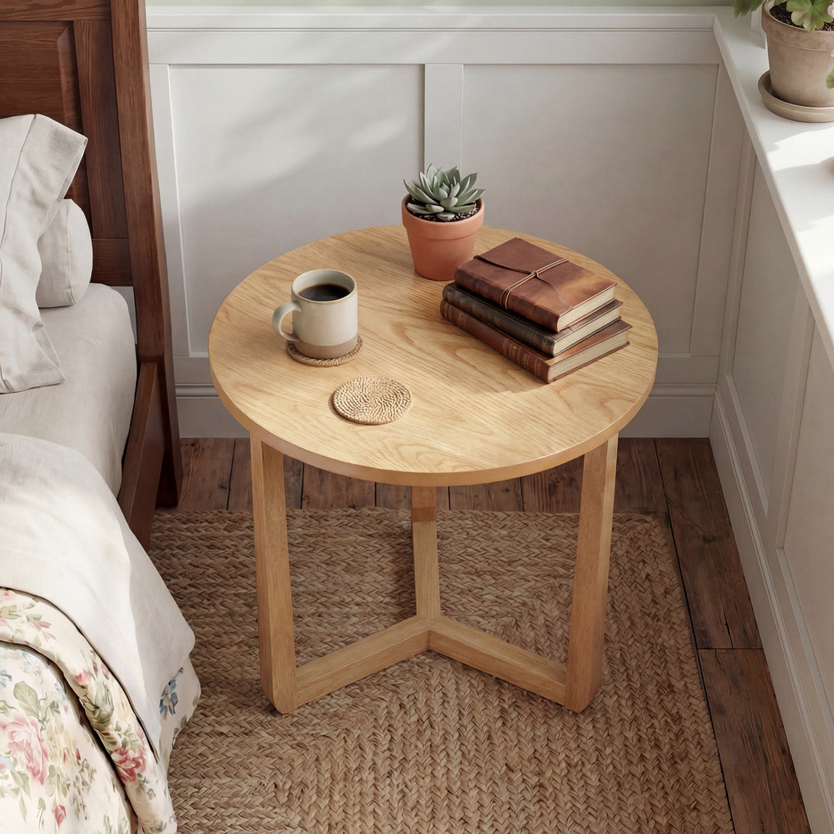 Round Side Table Farmhouse End Table with Sturdy Rubber Wood Legs and Triangular Structure