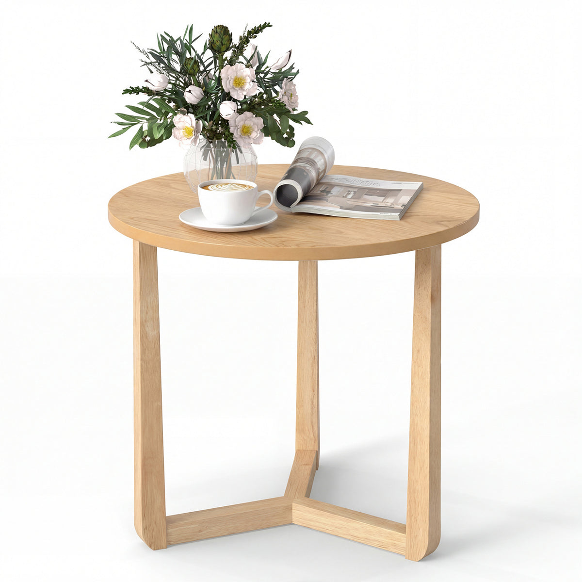 Round Side Table Farmhouse End Table with Sturdy Rubber Wood Legs and Triangular Structure
