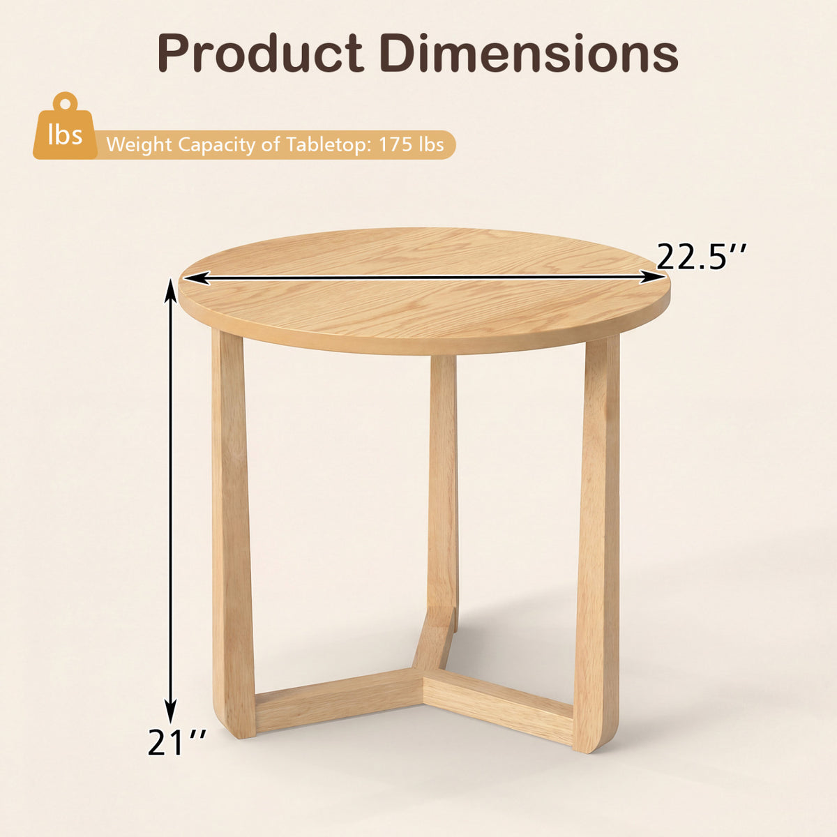 Round Side Table Farmhouse End Table with Sturdy Rubber Wood Legs and Triangular Structure