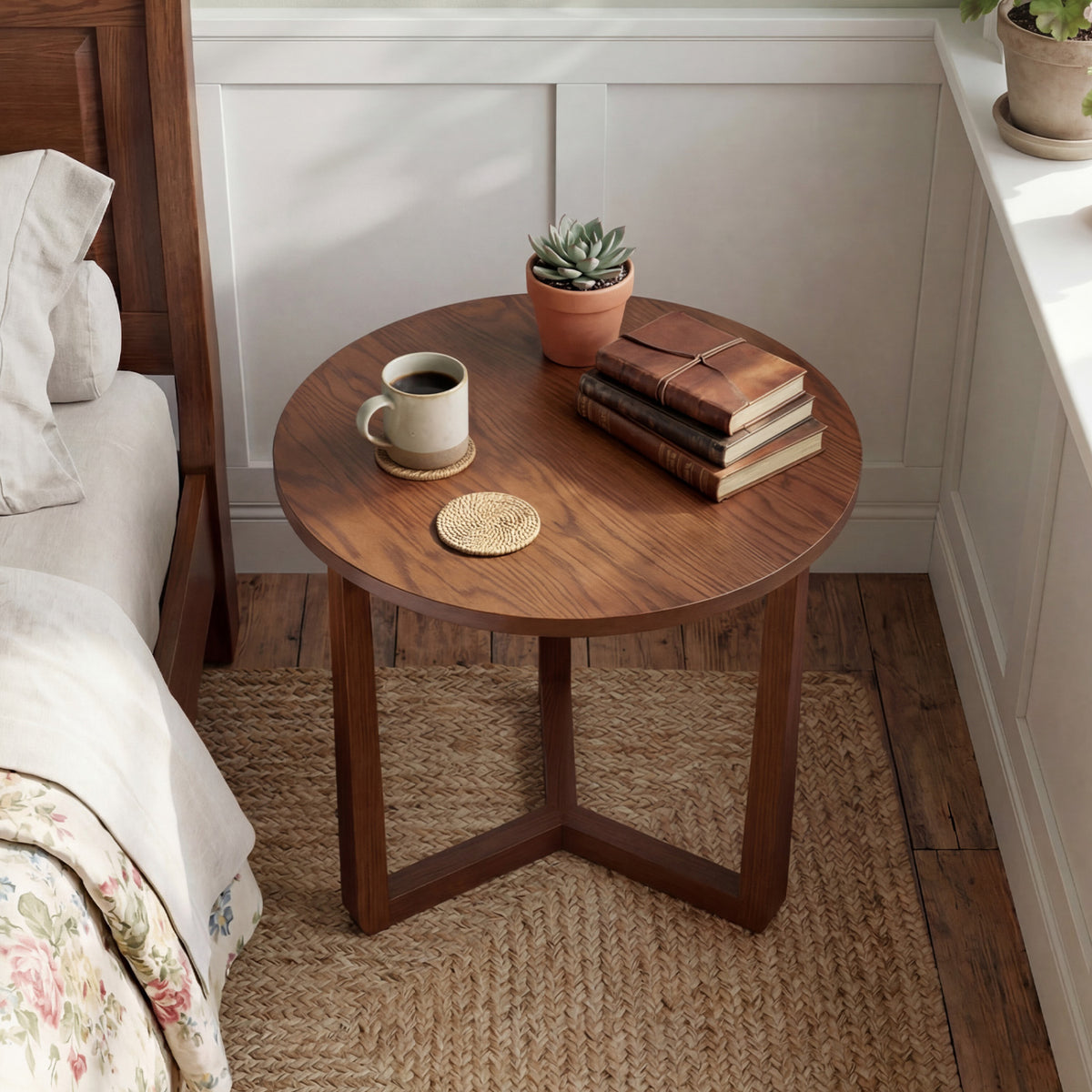 Round Side Table Farmhouse End Table with Sturdy Rubber Wood Legs and Triangular Structure