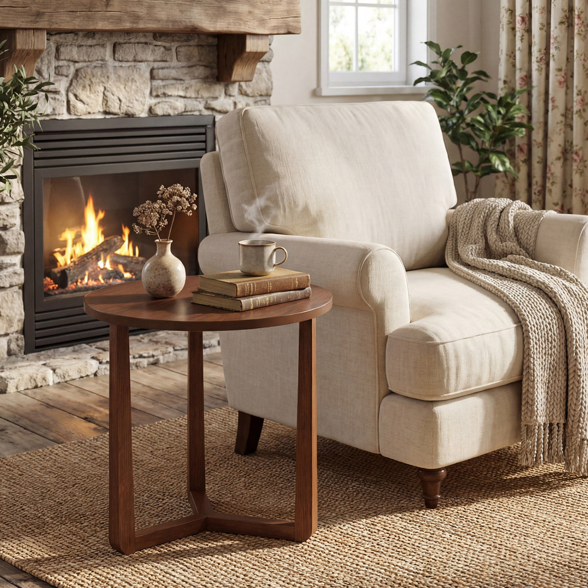Round Side Table Farmhouse End Table with Sturdy Rubber Wood Legs and Triangular Structure