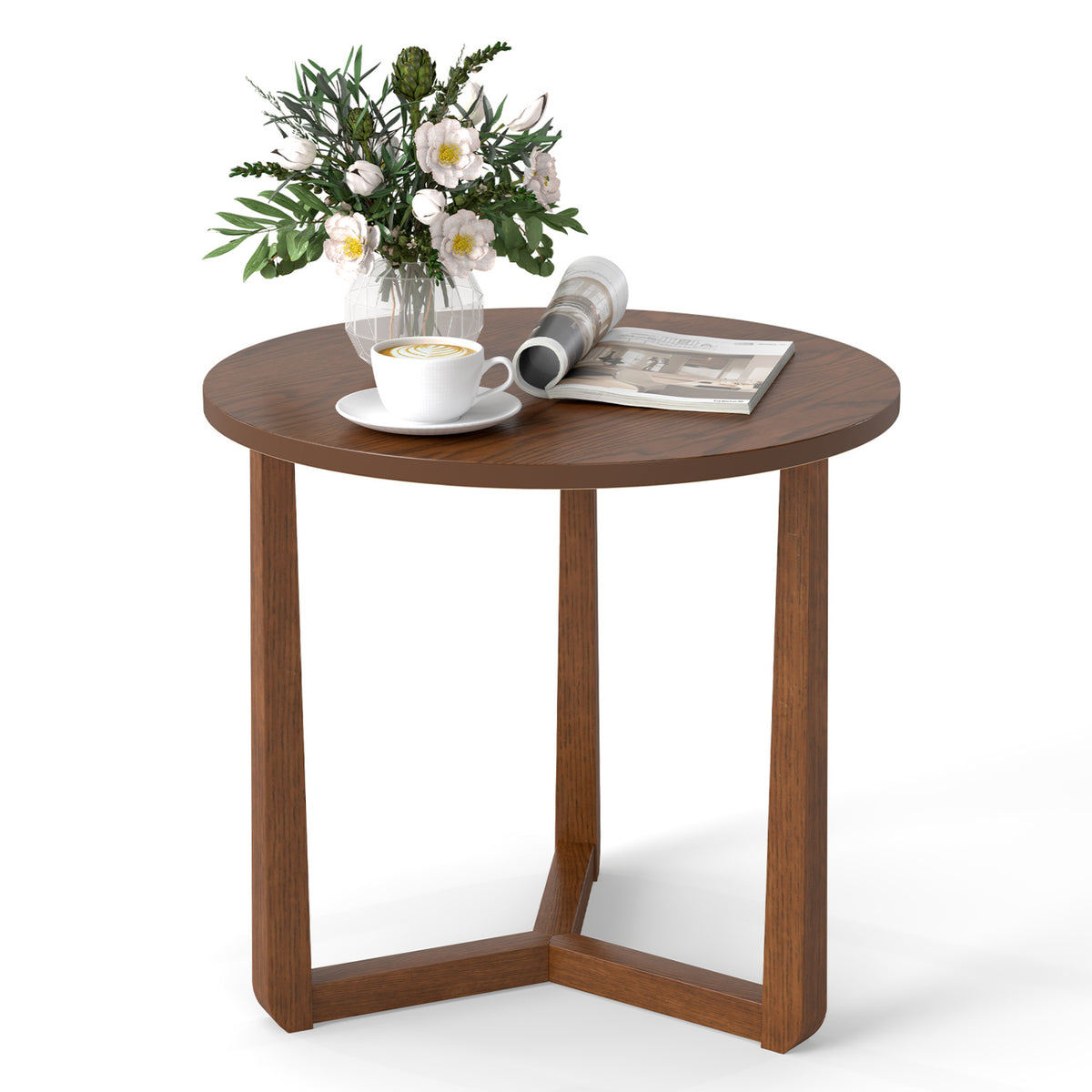 Round Side Table Farmhouse End Table with Sturdy Rubber Wood Legs and Triangular Structure