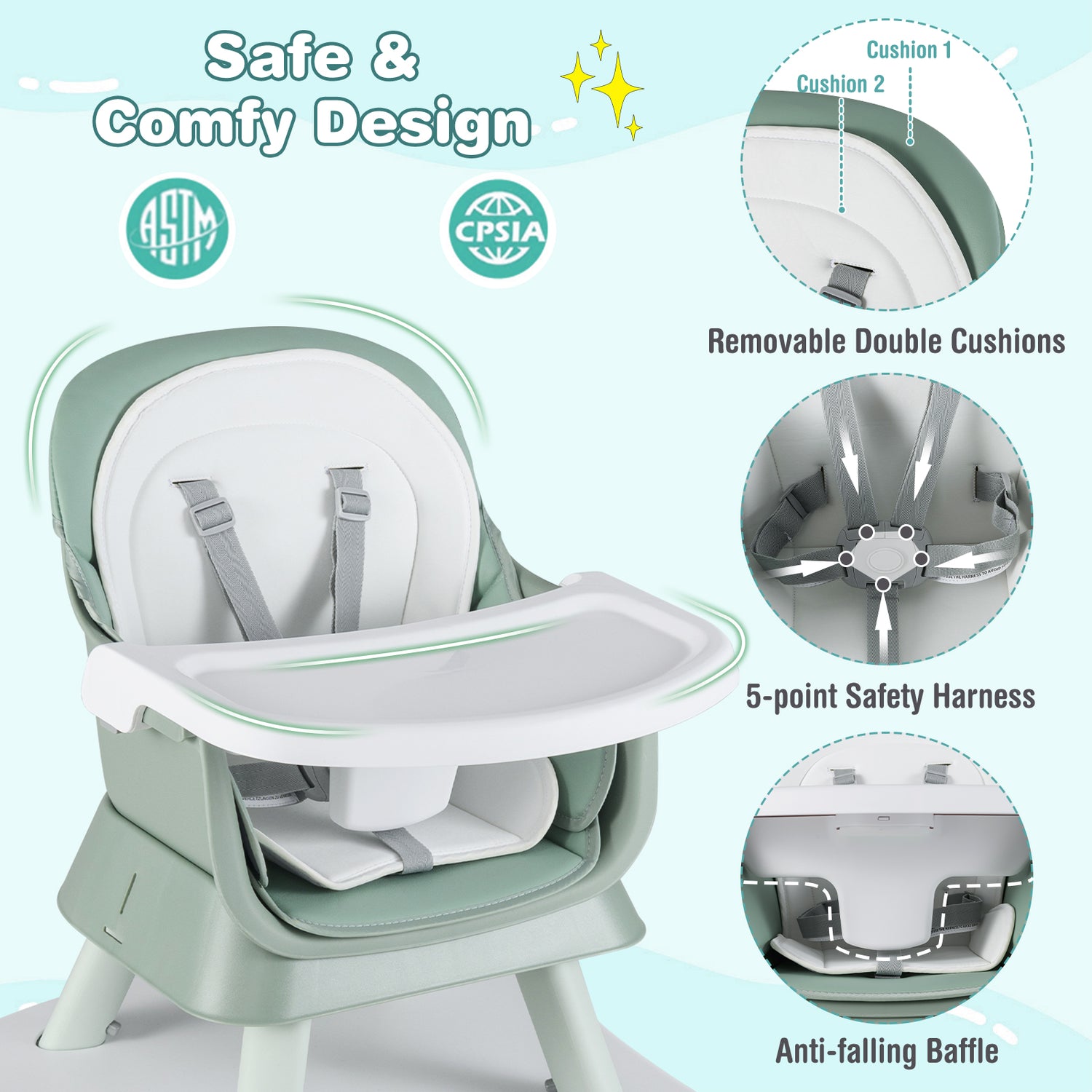 6-in-1 Convertible Baby High Chair with Adjustable Removable Tray