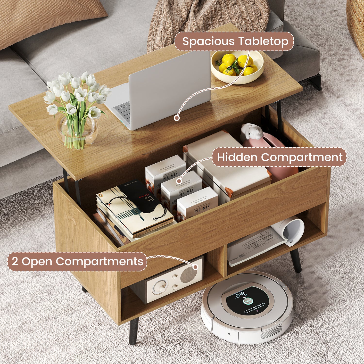 31.5 Inch Lift Top Coffee Table with Hidden Compartment and 2 Storage Shelves