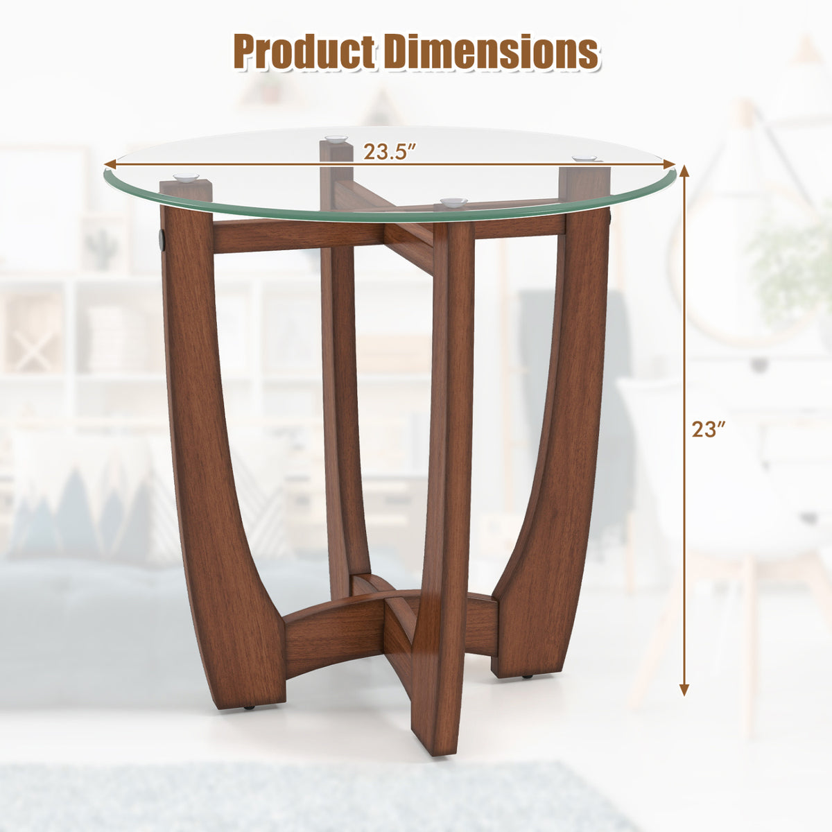 23.5 Inch Round End Side Table Set of 2 with Tempered Glass Tabletop-Walnut