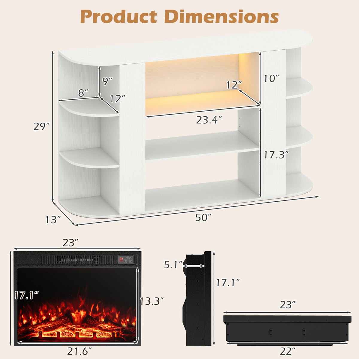 23â Electric Fireplace and 50â Fireplace TV Stand with RGB Lights for Living Room