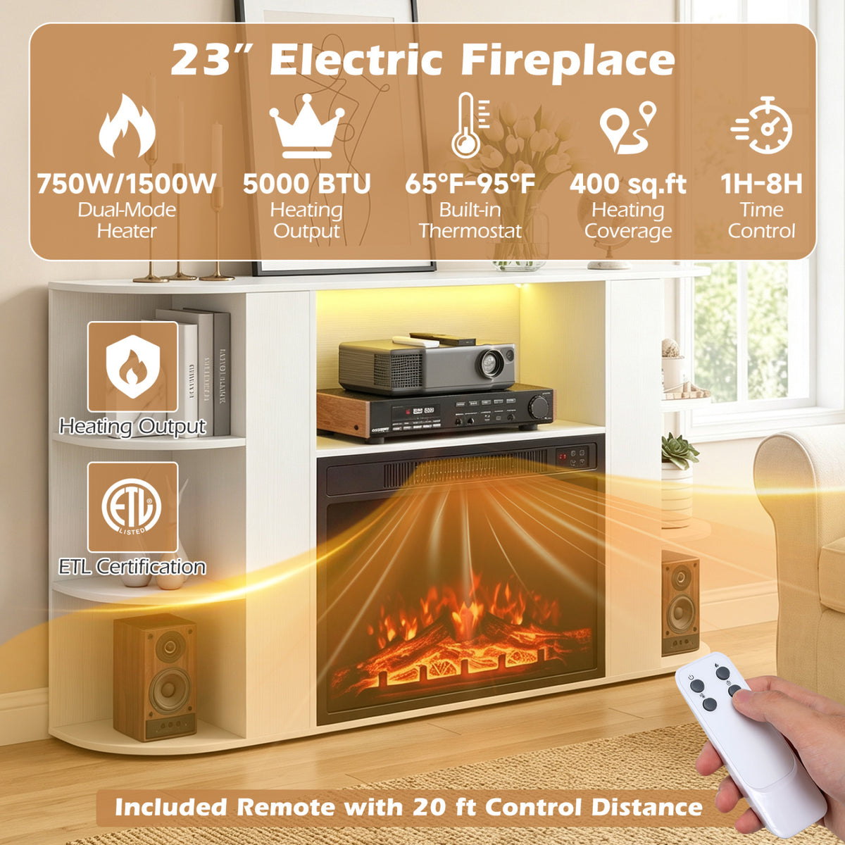 23â Electric Fireplace and 50â Fireplace TV Stand with RGB Lights for Living Room