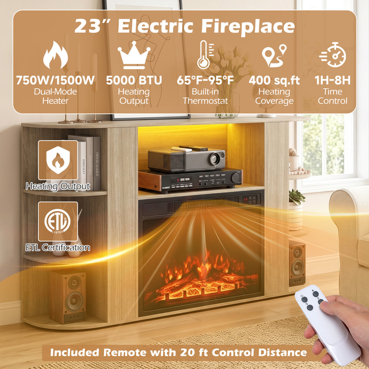 23â Electric Fireplace and 50â Fireplace TV Stand with RGB Lights for Living Room