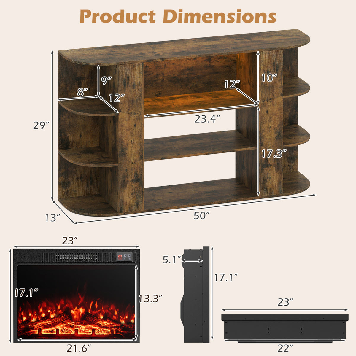 23â Electric Fireplace and 50â Fireplace TV Stand with RGB Lights for Living Room