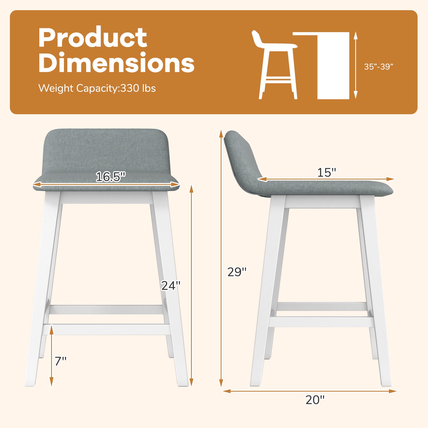 24 Inch Counter Height Bar Stools Set of 2 with Low Back