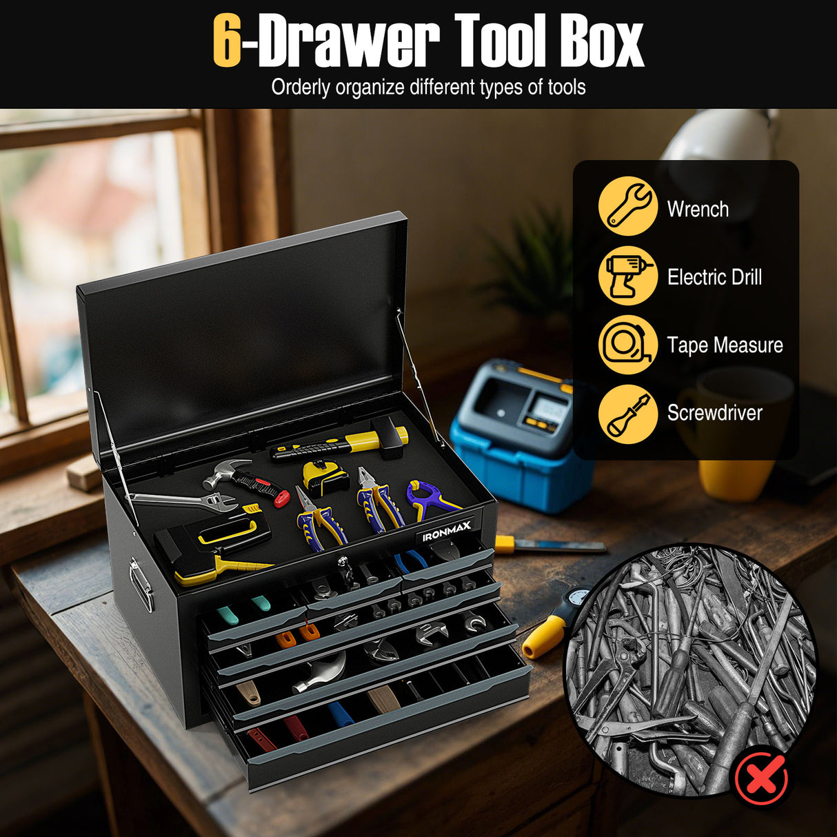 24 Inch Tool Chest Case with 6 Drawers and Top Storage for Garage Repair Shop & Warehouse