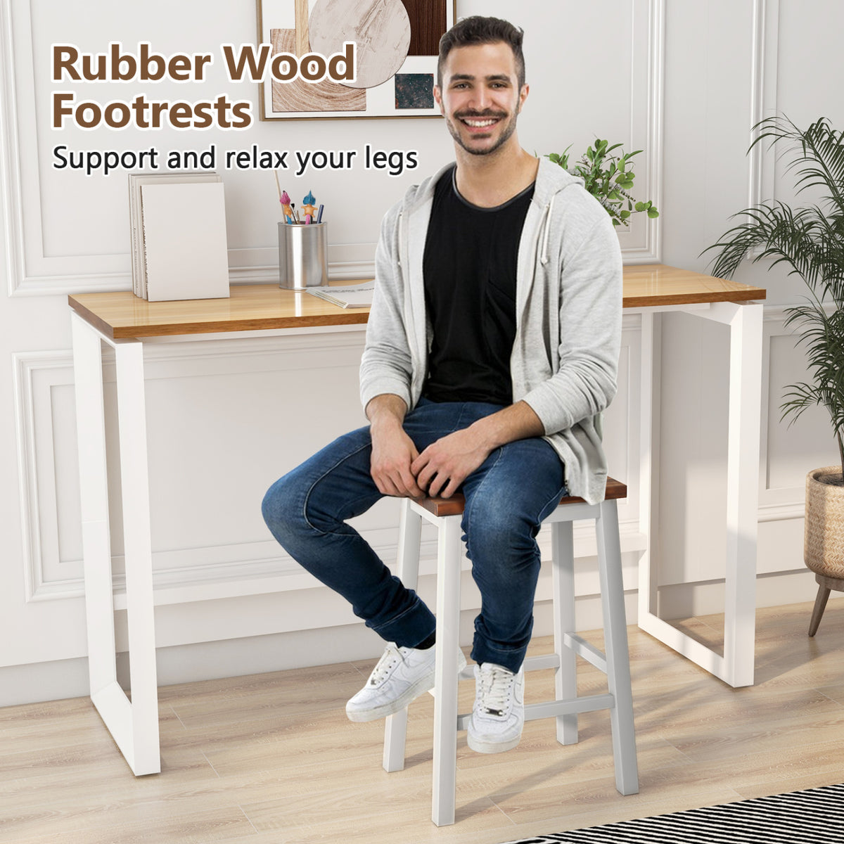 24.5-Inch Set of 4 Saddle Stools Bar Stools with Footrests for Kitchen Island-Walnut & Gray