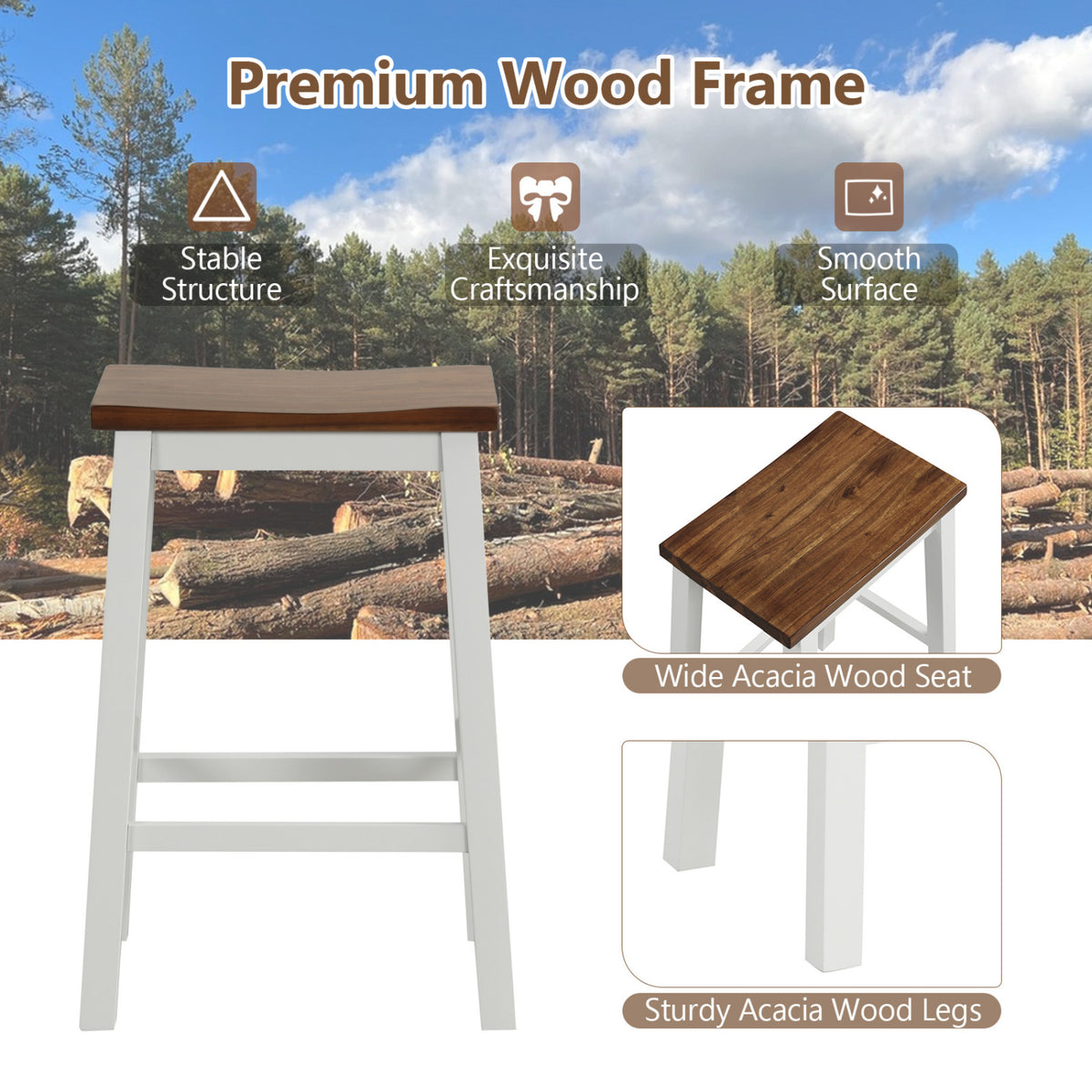 24.5-Inch Set of 4 Saddle Stools Bar Stools with Footrests for Kitchen Island-Walnut & Gray