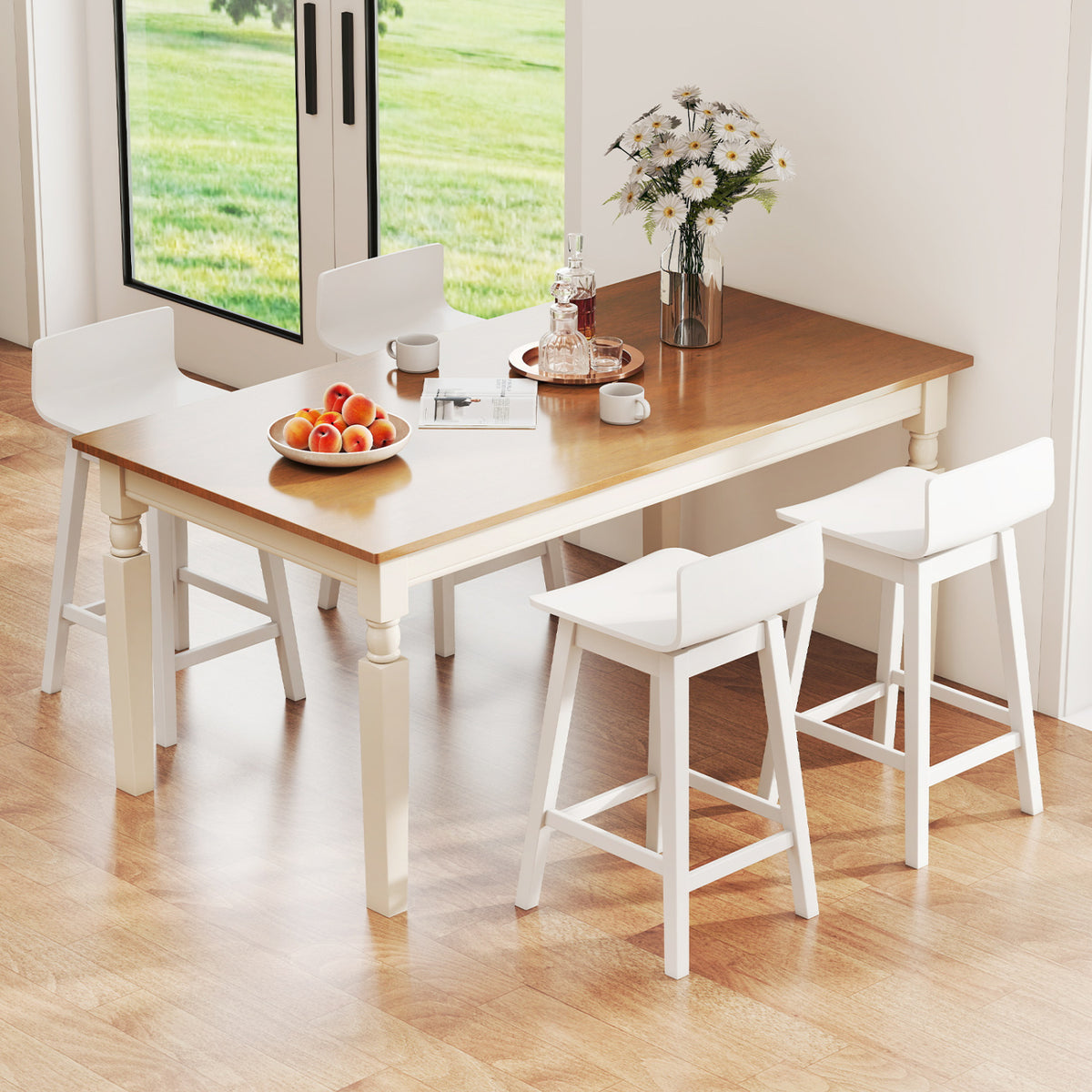 Swivel Wooden Bar Stools Set of 4 with Rubber Wood Legs and Low Back