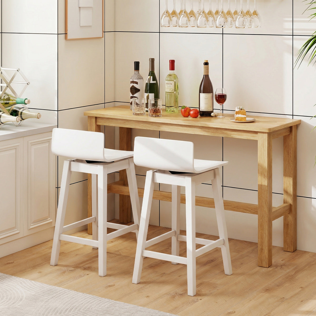 Swivel Wooden Bar Stools Set of 2 with Rubber Wood Legs and Low Back