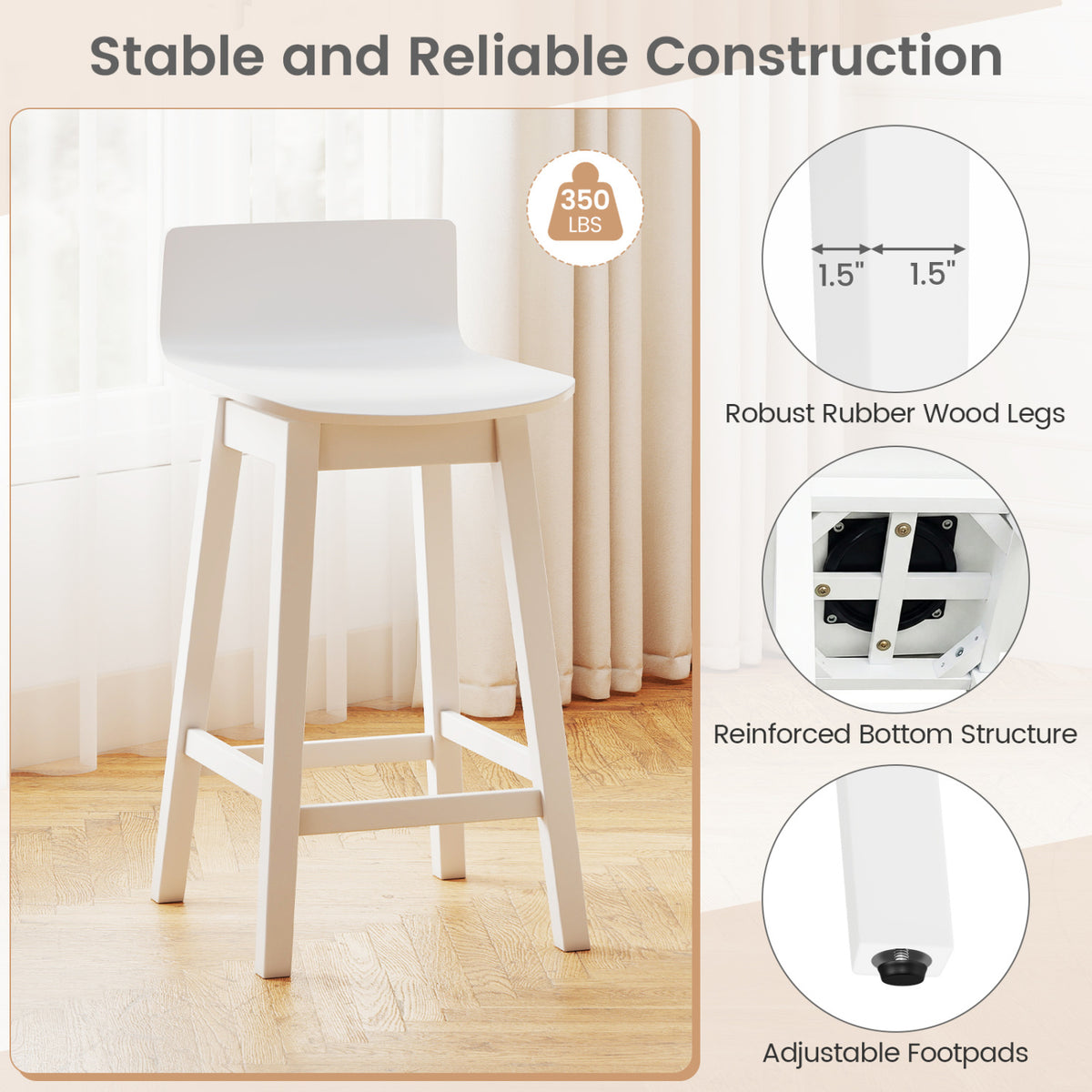 Swivel Wooden Bar Stools Set of 2 with Rubber Wood Legs and Low Back
