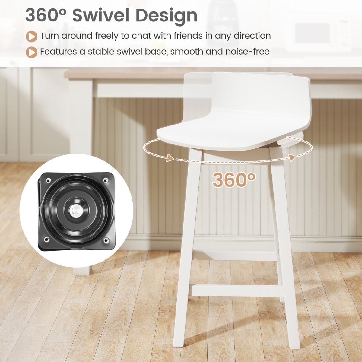 Swivel Wooden Bar Stools Set of 2 with Rubber Wood Legs and Low Back