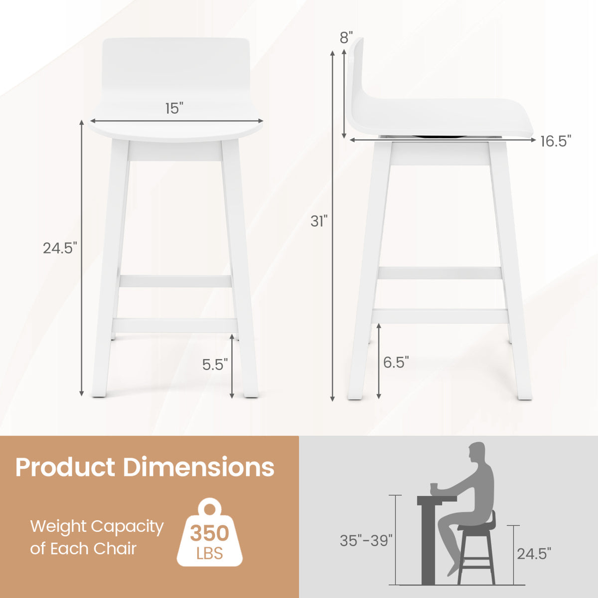 Swivel Wooden Bar Stools Set of 2 with Rubber Wood Legs and Low Back