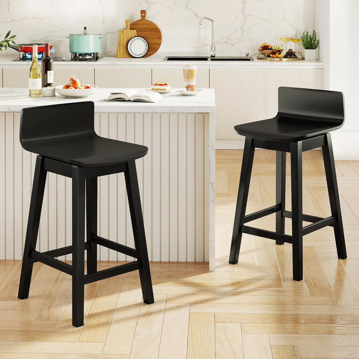 Swivel Wooden Bar Stools Set of 2 with Rubber Wood Legs and Low Back