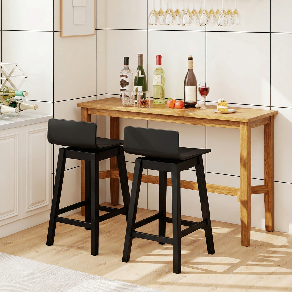 Swivel Wooden Bar Stools Set of 2 with Rubber Wood Legs and Low Back