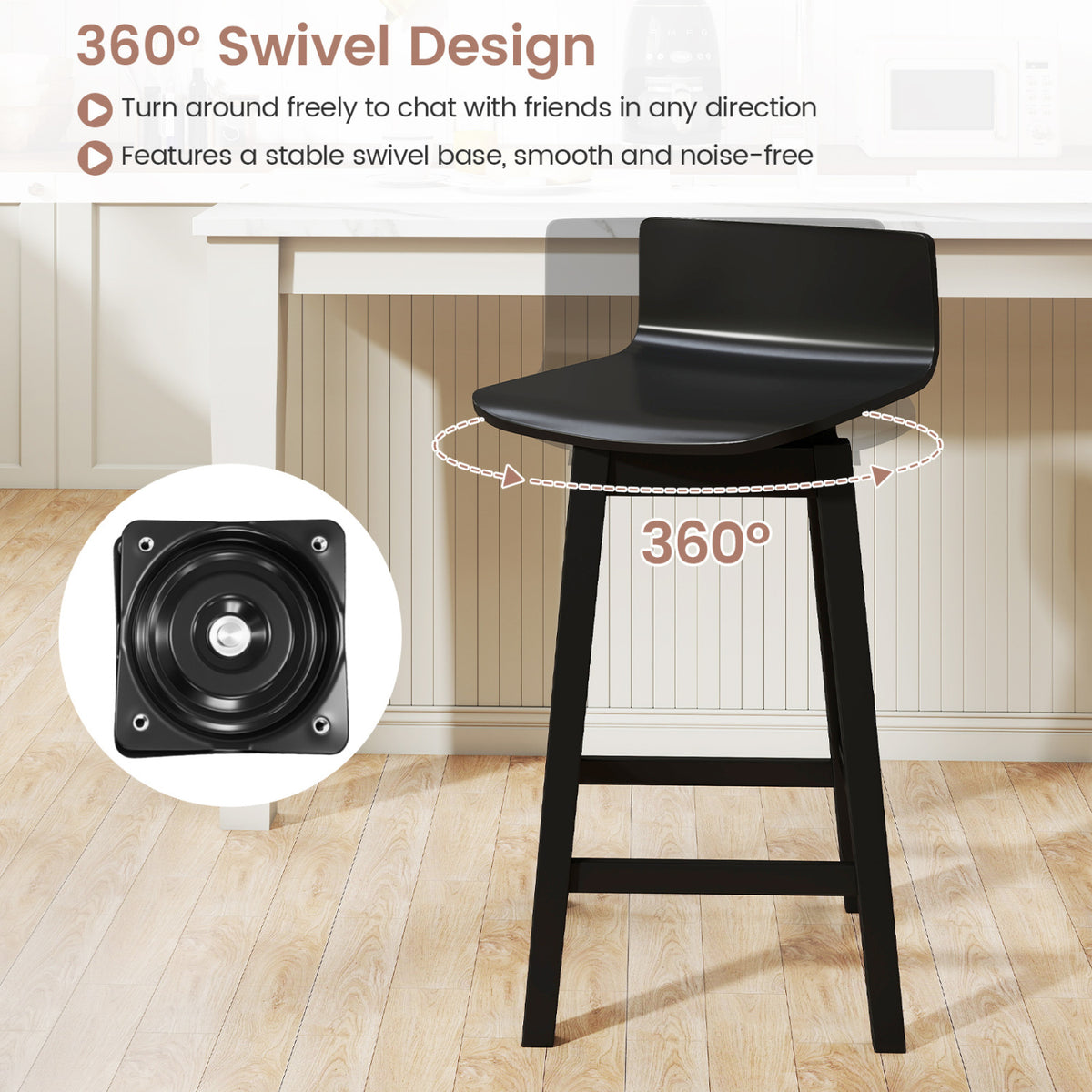 Swivel Wooden Bar Stools Set of 2 with Rubber Wood Legs and Low Back