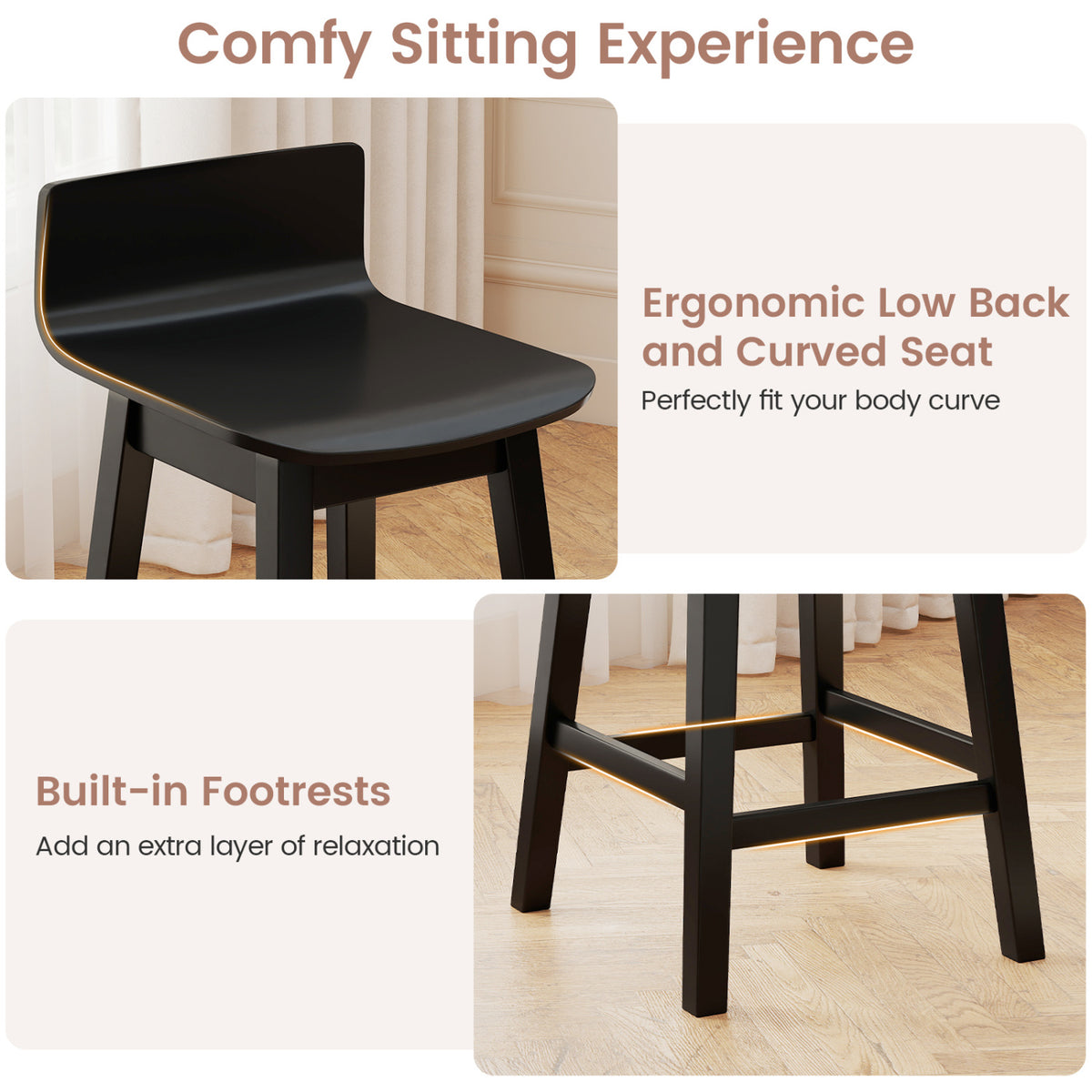 Swivel Wooden Bar Stools Set of 2 with Rubber Wood Legs and Low Back