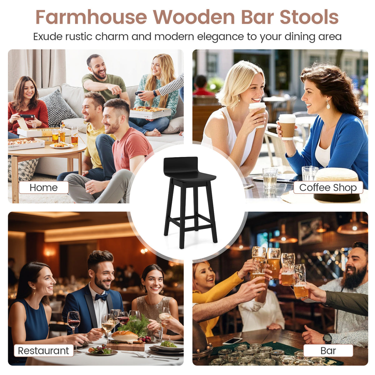 Swivel Wooden Bar Stools Set of 2 with Rubber Wood Legs and Low Back