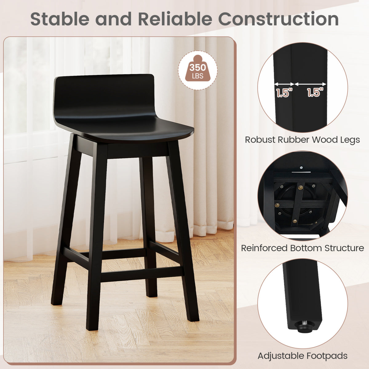 Swivel Wooden Bar Stools Set of 2 with Rubber Wood Legs and Low Back