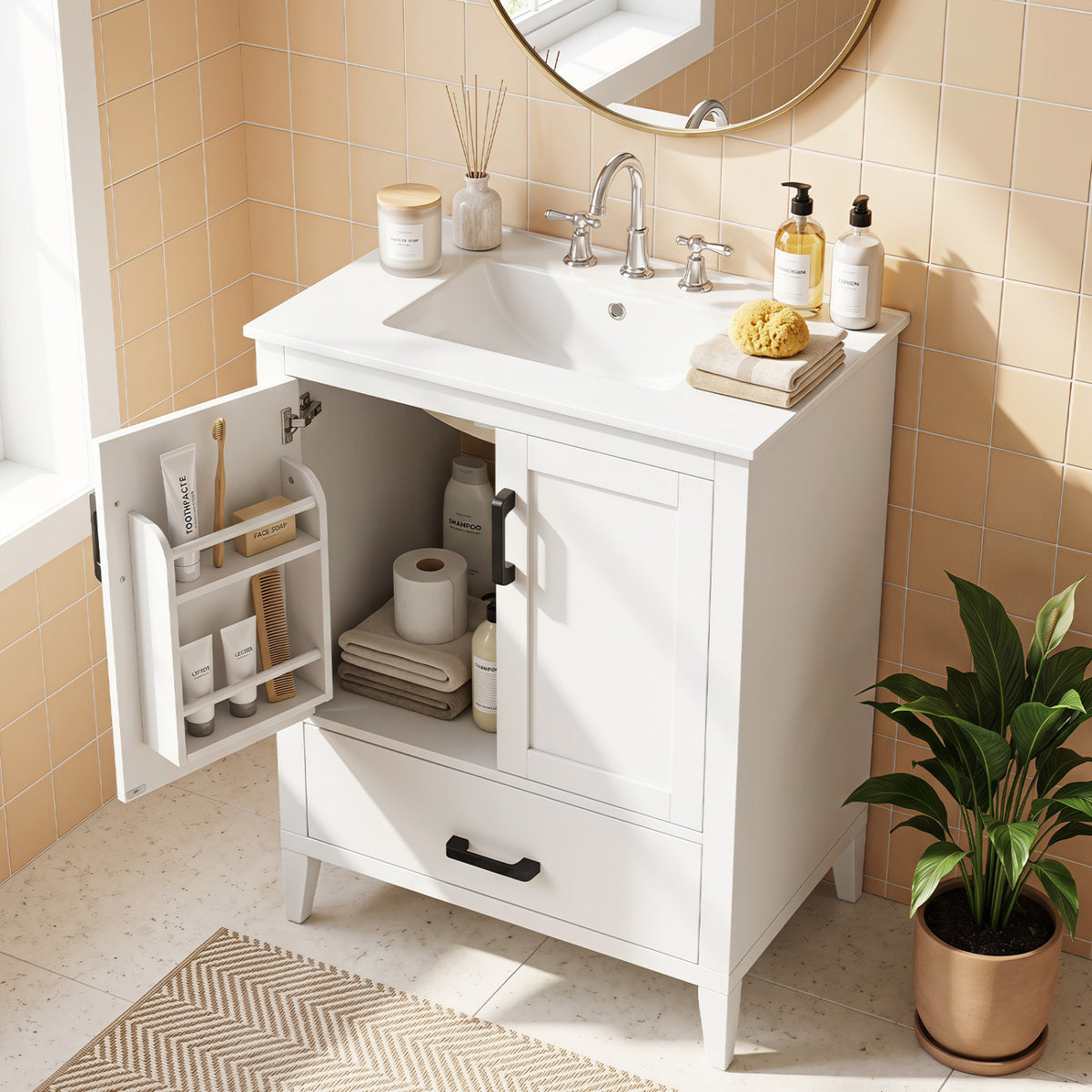 24.5" Modern Bathroom Vanity with Sink 2 Doors and Drawer-White
