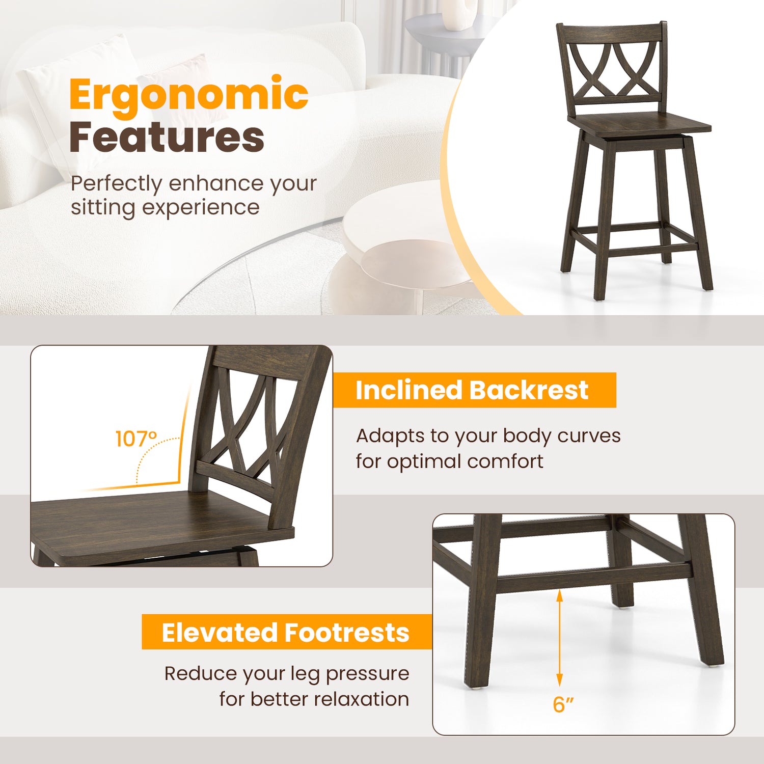 24/29 Inch Bar Stool Set of 2 Wooden Bar Chairs with Rubber Wood Frame