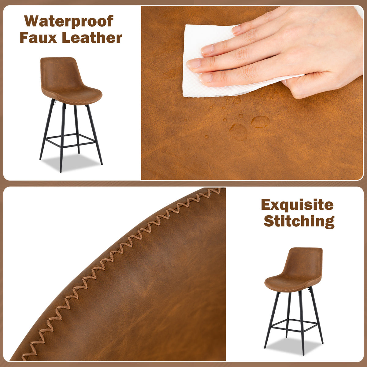 24 Inch Bar Stools Set of 4 with Backs and Footrests-Brown