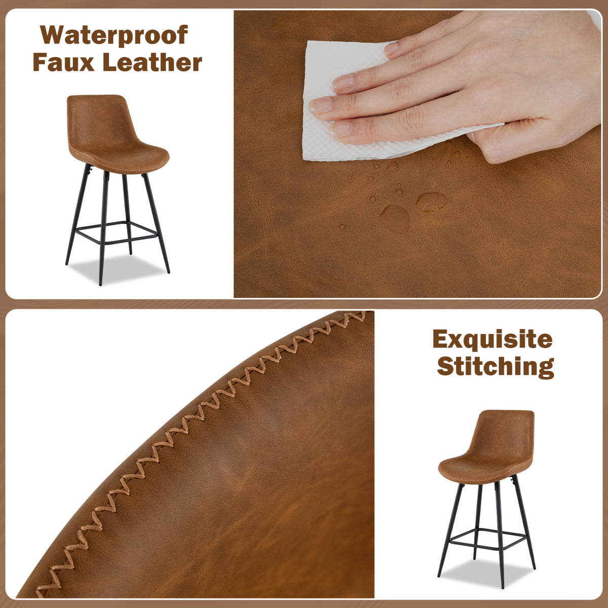 24 Inch Bar Stools Set of 2 with Backs and Footrests-Brown