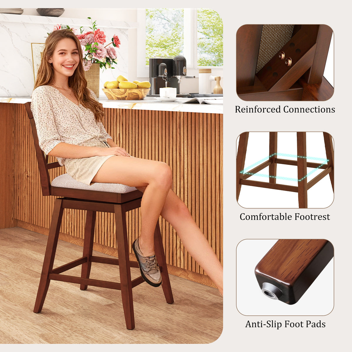 Counter Height Barstools with Backrest and Upholstered Seat Cushion for Kitchen Dining Room-24/Room-29 Inch