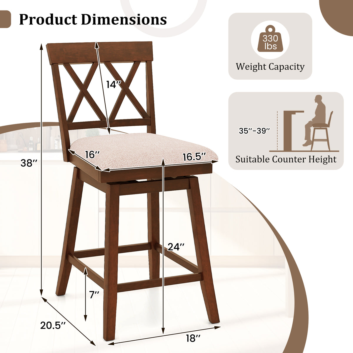 Counter Height Barstools with Backrest and Upholstered Seat Cushion for Kitchen Dining Room-24/Room-29 Inch