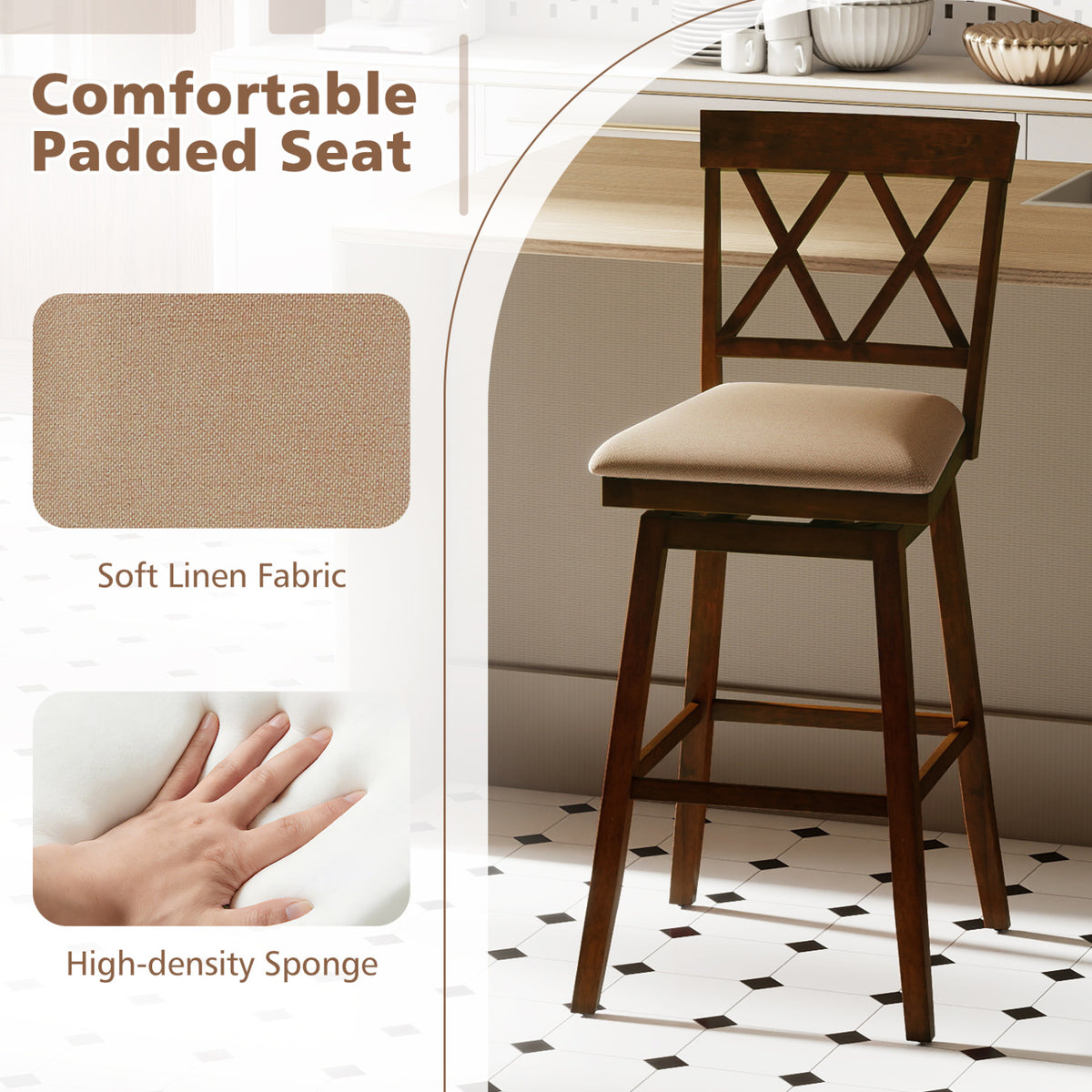 Counter Height Barstools Set of 2 with Backrest and Seat Cushion-29/Cushion-24 inches/Inches